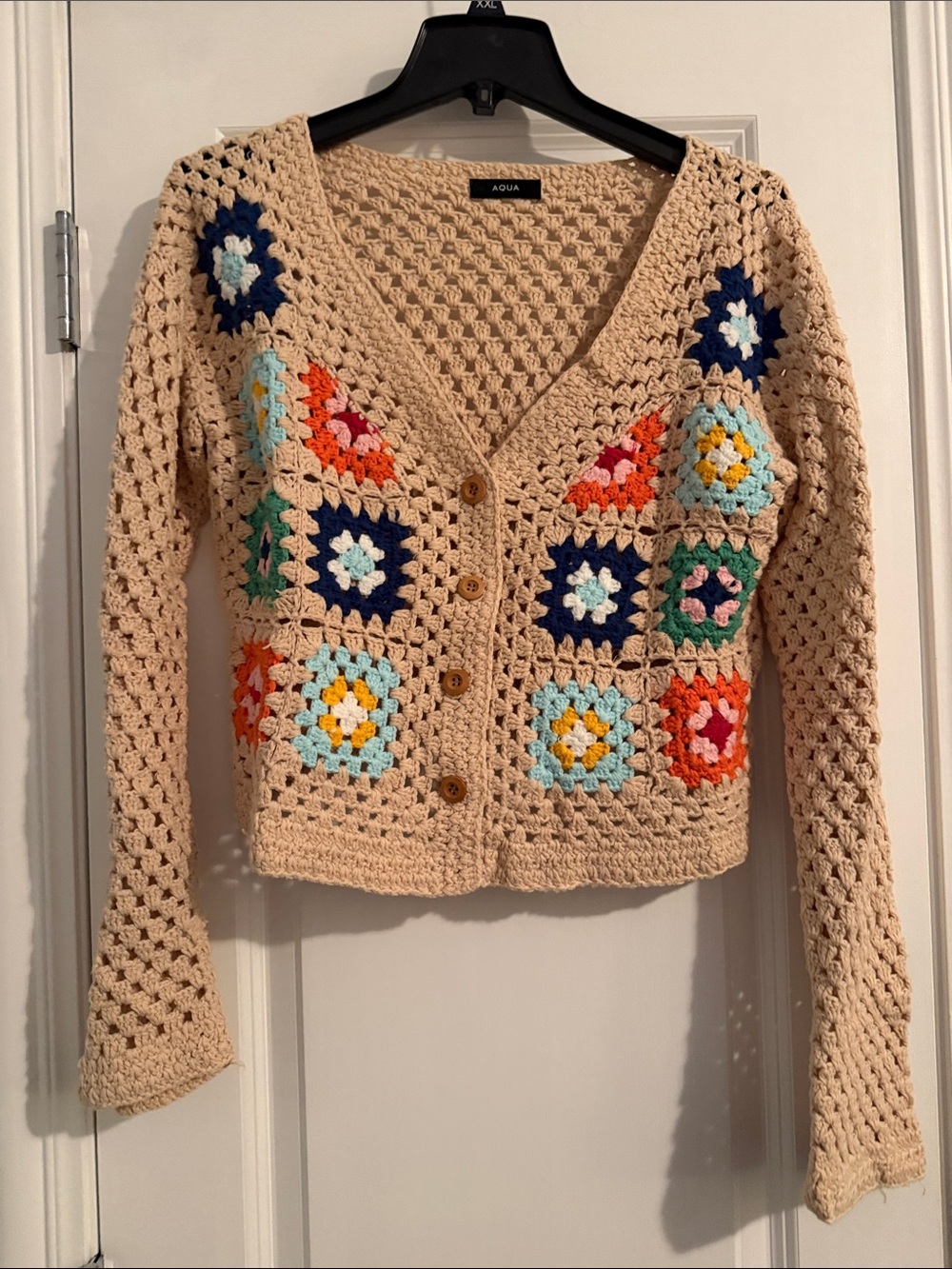 Aqua Bloomingdales Cream Crochet Granny Square Cardigan with Multicolor Accents